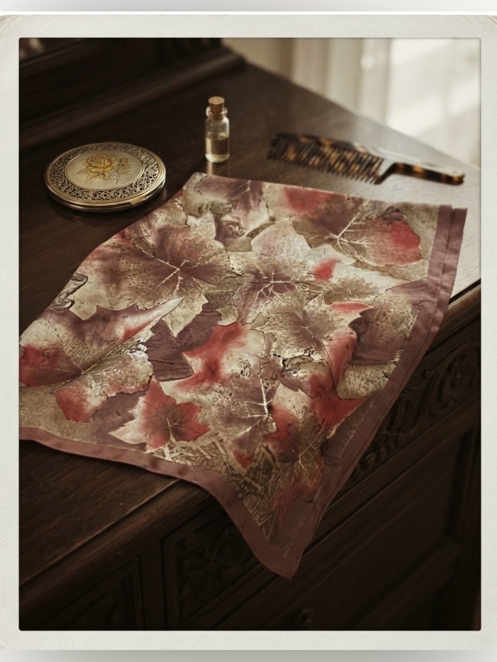 Vintage Leaf Print Square Scarf Brown Burgundy Fall Boho 35x33